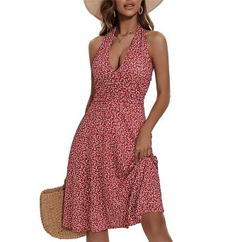 Women's Sleeveless Halter Neck Floral Sundress Elastic Waist Ruffle Mini Dresses