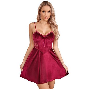 Women's Solid Color Lace Slip Mini Robe Fitted Waist V-Neck Satin Sleepwear