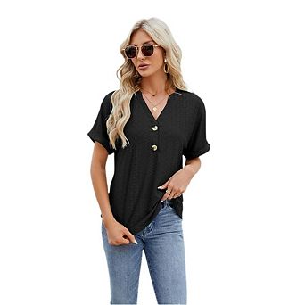 Womens Business Casual Blouses V Neck Short Sleeve Shirts Hollow Out Solid Color Lace Tops