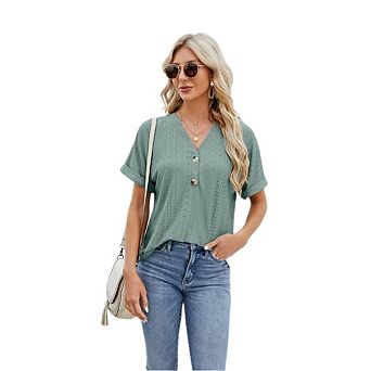 Womens Business Casual Blouses V Neck Short Sleeve Shirts Hollow Out Solid Color Lace Tops