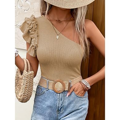 Womens One Shoulder Shirts Ruffle Sleeve Slim Fit Knitted Ribbed Summer Tops
