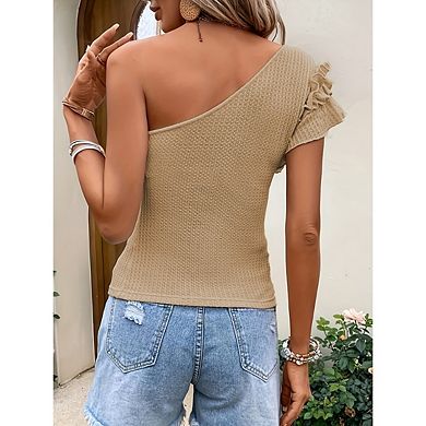 Womens One Shoulder Shirts Ruffle Sleeve Slim Fit Knitted Ribbed Summer Tops