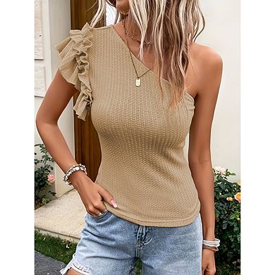 Womens One Shoulder Shirts Ruffle Sleeve Slim Fit Knitted Ribbed Summer Tops