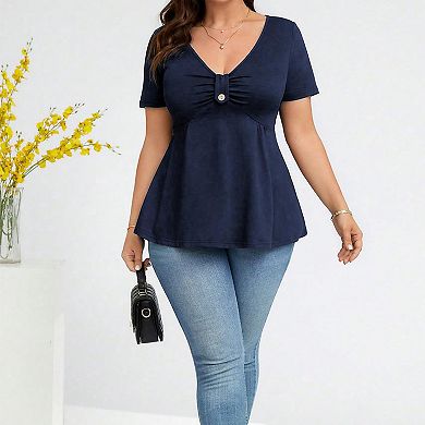 Women's Plus Size V Neck Tunic Top Summer Button Front Short Sleeve Flowy Blouse