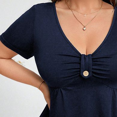 Women's Plus Size V Neck Tunic Top Summer Button Front Short Sleeve Flowy Blouse