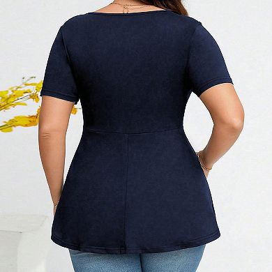 Women's Plus Size V Neck Tunic Top Summer Button Front Short Sleeve Flowy Blouse