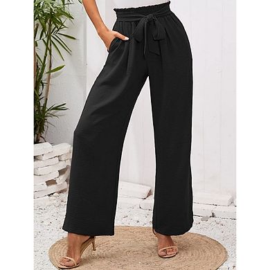 Women's Wide Leg Lounge Pants with Pockets Lightweight High Waisted Adjustable Tie Knot Loose Pants