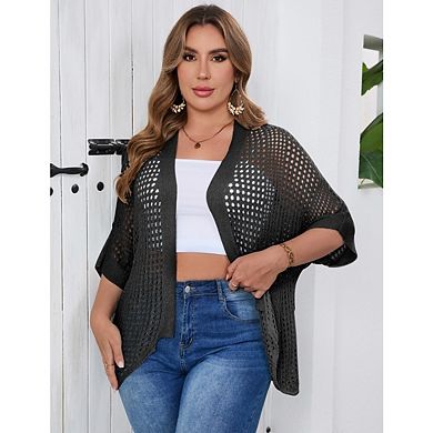 Women's Plus Size Boho Lightweight Crochet Cardigan Short Sleeve Kimonos Open Front Knitted Cardigan