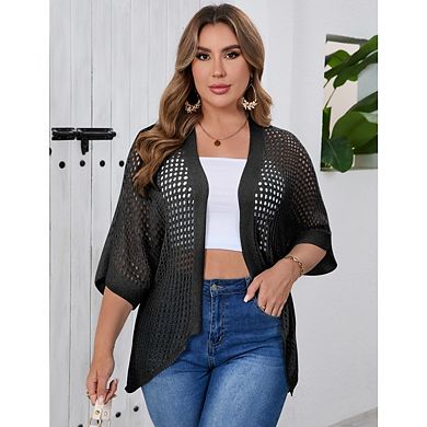 Women's Plus Size Boho Lightweight Crochet Cardigan Short Sleeve Kimonos Open Front Knitted Cardigan