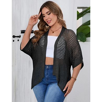 Women's Plus Size Boho Lightweight Crochet Cardigan Short Sleeve Kimonos Open Front Knitted Cardigan