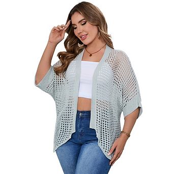 Women's Plus Size Boho Lightweight Crochet Cardigan Short Sleeve Kimonos Open Front Knitted Cardigan