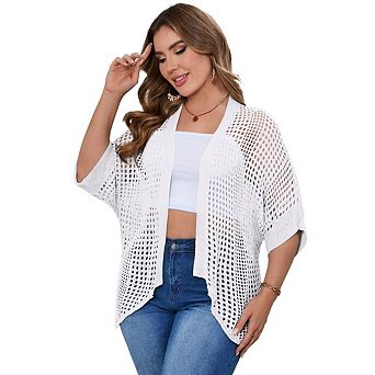 Women's Plus Size Boho Lightweight Crochet Cardigan Short Sleeve Kimonos Open Front Knitted Cardigan