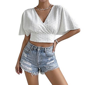 Women's V Neck Scalloped Trim Flared Short Sleeve Swiss Dot Tie Back Casual Cropped Top