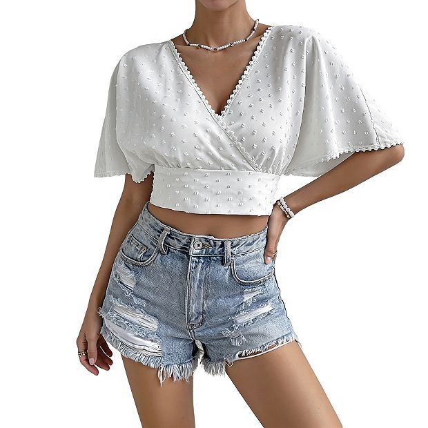 Women's V Neck Scalloped Trim Flared Short Sleeve Swiss Dot Tie