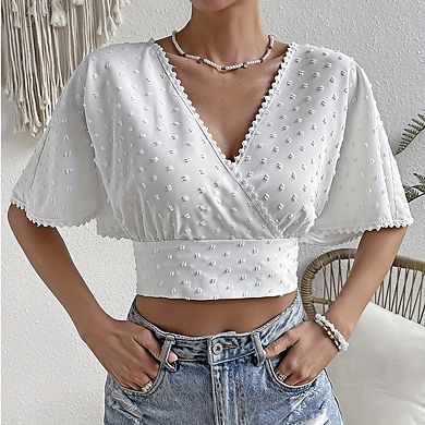 Women's V Neck Scalloped Trim Flared Short Sleeve Swiss Dot Tie Back Casual Cropped Top