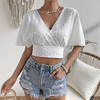 Women's V Neck Scalloped Trim Flared Short Sleeve Swiss Dot Tie Back Casual Cropped Top