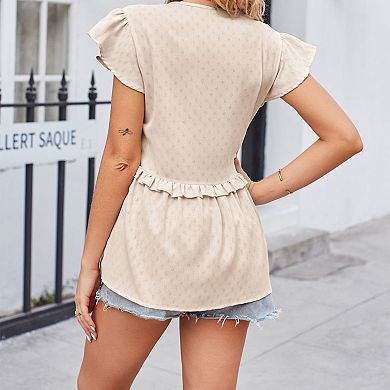 Women's Ruffle Sleeve Blouse Summer V Neck Peplum Casual Top