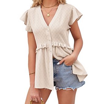 Women's Ruffle Sleeve Blouse Summer V Neck Peplum Casual Top