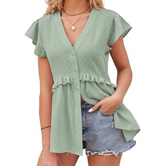 Women's Ruffle Sleeve Blouse Summer V Neck Peplum Casual Top