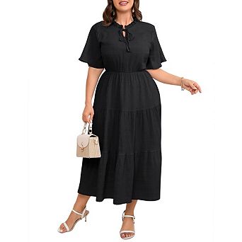Womens Plus Size Short Sleeve Midi Dress Trendy Maxi Dress Flowy Elegant Casual Long Ruffle Sundress