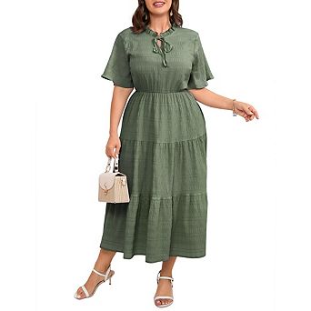Womens Plus Size Short Sleeve Midi Dress Trendy Maxi Dress Flowy Elegant Casual Long Ruffle Sundress