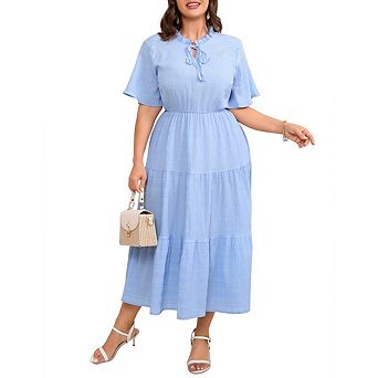 Womens Plus Size Short Sleeve Midi Dress Trendy Maxi Dress Flowy Elegant Casual Long Ruffle Sundress