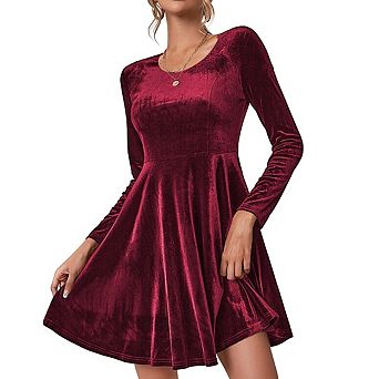 Women's Velvet Mini Dress Fitted A-Line Midi Dress Long Sleeves Round Neck Dress