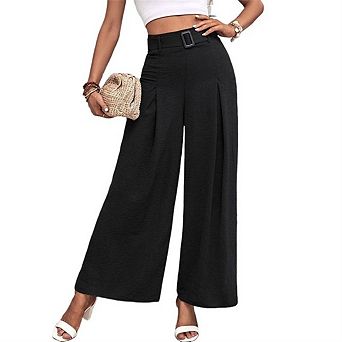 Womens Casual Wide Leg Palazzo Pants Loose Button High Waist Pleated Work Business Spring Pants