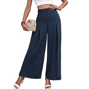 Womens Casual Wide Leg Palazzo Pants Loose Button High Waist Pleated Work Business Spring Pants