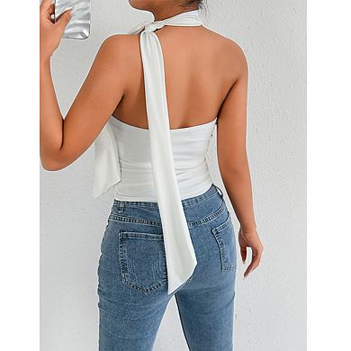 Women's Halter Neck Sleeveless Ruched Side Tie Detail Stretchy Cropped Top