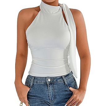 Women's Halter Neck Sleeveless Ruched Side Tie Detail Stretchy Cropped Top