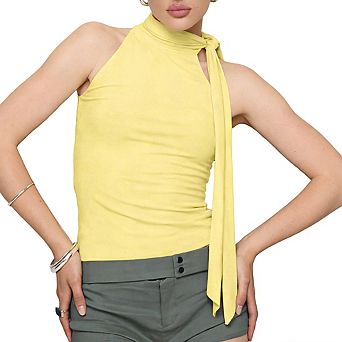 Women's Halter Neck Sleeveless Ruched Side Tie Detail Stretchy Cropped Top