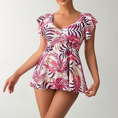 Women's Print Suspender Tanknit Conservative Two-Piece Skirt Bikini Ruffled Short Sleeve Swimsuit