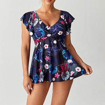 Women's Print Suspender Tanknit Conservative Two-Piece Skirt Bikini Ruffled Short Sleeve Swimsuit