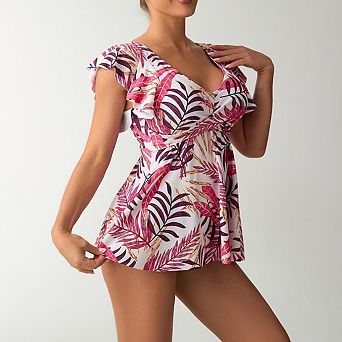 Women's Print Suspender Tanknit Conservative Two-Piece Skirt Bikini Ruffled Short Sleeve Swimsuit