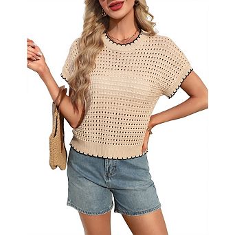 Womens Cap Sleeve Sweater Vest Crewneck Short Sleeve Sweaters Spring Summer Trendy Casual Knit Tops