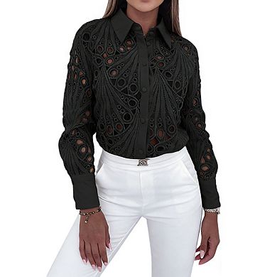 Women's Semi Sheer Cutwork Embroidered Blouse Collar Long Sleeves Button Shirts