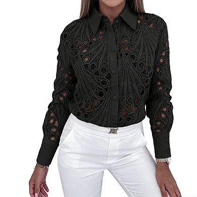 Women's Semi Sheer Cutwork Embroidered Blouse Collar Long Sleeves Button Shirts