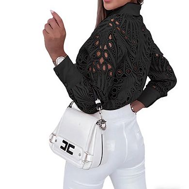 Women's Semi Sheer Cutwork Embroidered Blouse Collar Long Sleeves Button Shirts