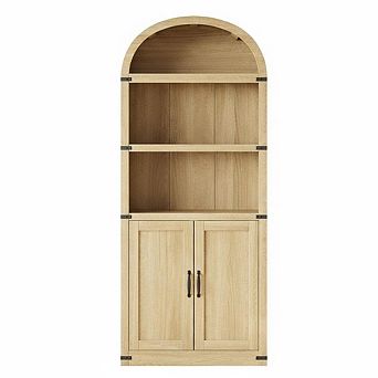 3 Shelf Arched Bookcase, Farmhouse Wooden Bookshelf with Metal Corner Protection