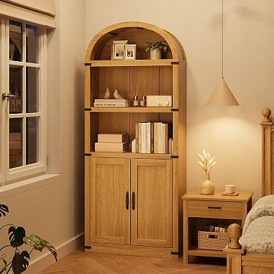3 Shelf Arched Bookcase, Farmhouse Wooden Bookshelf with Metal Corner Protection