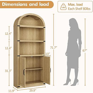 3 Shelf Arched Bookcase, Farmhouse Wooden Bookshelf with Metal Corner Protection