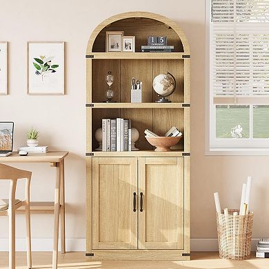 3 Shelf Arched Bookcase, Farmhouse Wooden Bookshelf with Metal Corner Protection