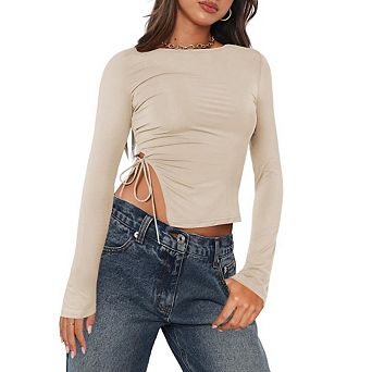 Womens Long Sleeve Side Slits T Shirts Basic Crop Tops Going Out Outfits Y2k T Shirts
