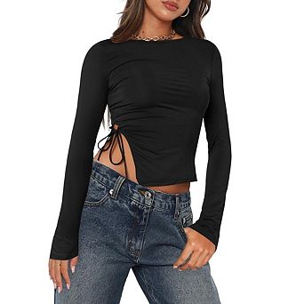 Womens Long Sleeve Side Slits T Shirts Basic Crop Tops Going Out Outfits Y2k T Shirts