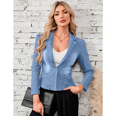 Womens Jean Jacket Collarless Long Sleeve One Button Lightweight Denim Blazer Cropped Denim Jacket