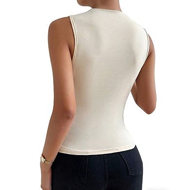Women's Sleeveless Asymmetric Draped Neck Ruched Side Detail Form Fitting Knit Top