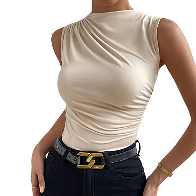 Women's Sleeveless Asymmetric Draped Neck Ruched Side Detail Form Fitting Knit Top