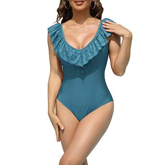 Women's Ruffled One Piece Swimsuit V Neck Tummy Control Lace Up Back Bathing Suit Swimwear