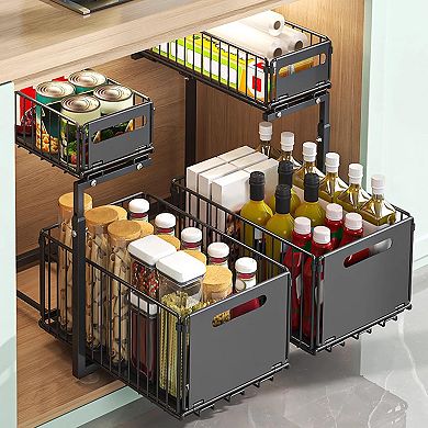 2-Tier Adjustable Under Sink Organizer with Pull-Out Drawers,with Hooks, Height Adjustable